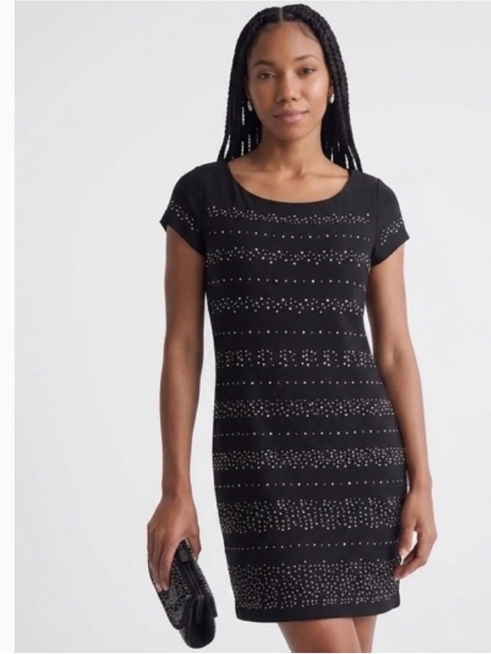 White House Black Market Black Studded Short Sleeve Shift Dress